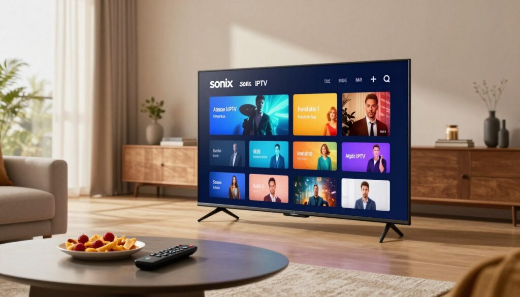 A sleek digital landscape featuring a modern living room setup, showcasing a high-definition television streaming Sonix IPTV channels. In the foreground, a stylish coffee table with a remote control and snacks. In the middle, the TV screen displays a vibrant interface of Sonix IPTV, with colorful channel thumbnails and a user-friendly layout. The background reveals a cozy living room with soft lighting, featuring contemporary furniture, and a large window letting in warm sunlight. The mood is inviting and relaxed, capturing the essence of enjoying premium entertainment at home. Use a wide-angle lens for a spacious view, highlighting the contrast between the digital streaming service and the comfortable, everyday setting.