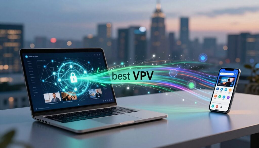 A sleek digital landscape illustrating the concept of a "best VPN" for IPTV. In the foreground, a laptop with a glowing screen displaying a visualization of secure connections and streaming content. Beside it, a modern smartphone with streaming apps open, both devices set on a stylish desk. In the middle, a dynamic flow of colorful data streams representing high-speed internet connectivity, artistically swirling around the devices. The background features a softly blurred city skyline at dusk, with glimmers of light symbolizing secure networks. The overall atmosphere is professional and innovative, with cool blue and green tones highlighted by warm accents. Use soft, diffused lighting to enhance the tech-savvy ambiance. Employ a slightly elevated perspective to capture an inviting, futuristic vibe.