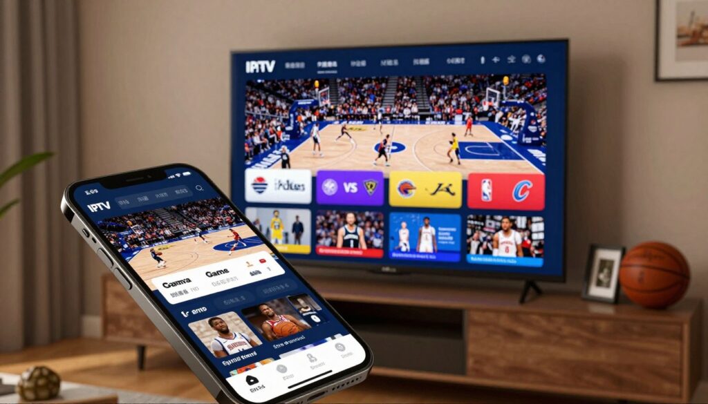 A sleek electronic program guide interface for an IPTV service, showcasing an array of vibrant game schedules and team logos. In the foreground, display a modern smartphone with a glowing screen, showing the EPG with colorful thumbnails of NBA games. The middle ground features a stylish living room setup, complete with a contemporary television displaying a basketball game in action, complemented by subtle decorative elements like a basketball and sports memorabilia. In the background, soft warm lighting casts an inviting atmosphere, enhancing the excitement of sports viewing. Use a slightly overhead angle to emphasize the smartphone and television, creating a dynamic perspective. The mood should be energetic and engaging, capturing the thrill of never missing a live game moment.