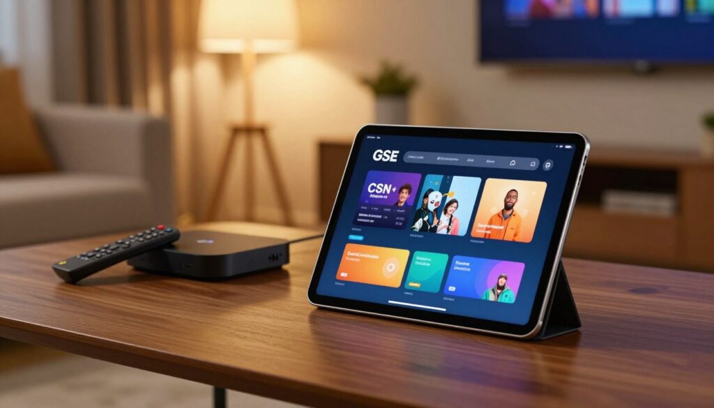A sleek iPad displaying the GSE Smart IPTV app on its vibrant screen, positioned on a modern wooden table. In the foreground, the iPad is slightly angled, showing the app interface with a colorful and user-friendly layout. In the middle, a soft-focus remote control and a stylish streaming device are subtly placed beside the iPad, suggesting an upscale entertainment setup. The background features a cozy living room ambiance, with warm lighting from a nearby lamp casting a gentle glow, highlighting the inviting atmosphere. The scene is established with a comfortable couch and a wall-mounted TV visible in soft focus, enhancing the mood of relaxed streaming.