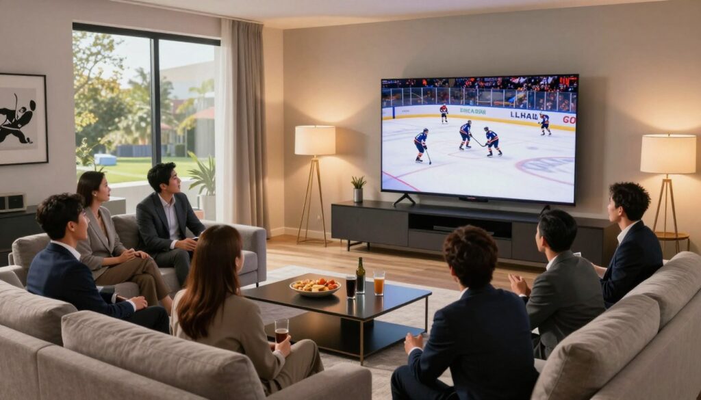 A sleek living room featuring a large, modern TV displaying a crisp hockey game without buffering. In the foreground, a diverse group of professionals in business attire gathers on a stylish sofa, eagerly watching the game with expressions of excitement. The middle ground includes an elegant coffee table with snacks and drinks, enhancing the social atmosphere. Soft, warm lighting emanates from strategically placed lamps, creating an inviting ambiance. The background showcases a minimalist decor with hockey memorabilia and a window revealing a sunny day outside, symbolizing the ease of accessing sports content. The overall mood is vibrant and dynamic, capturing the thrill of uninterrupted sports streaming.
