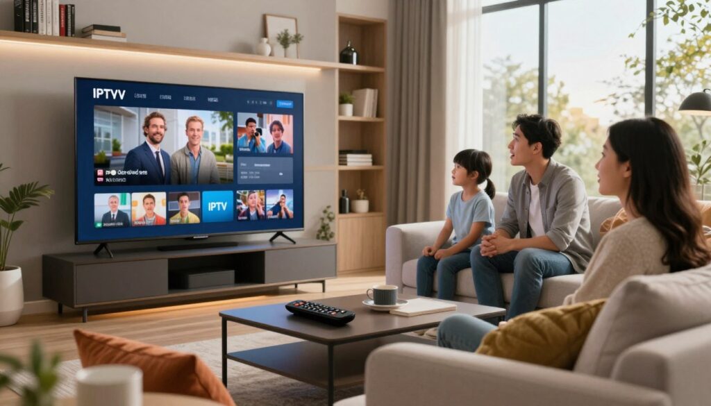 A sleek living room setting, featuring a modern television displaying an engaging video on demand interface. In the foreground, a comfortable sofa adorned with colorful cushions invites relaxation, while a stylish coffee table holds a remote control showcasing IPTV features. The middle ground features a family of three, dressed in casual, professional attire, attentively watching the screen with expressions of excitement and curiosity. The background includes bookshelves with neatly arranged DVDs and decorative items, soft ambient lighting that creates a warm atmosphere, and a large window revealing a sunny day outside. The scene conveys a mood of coziness and engagement, highlighting the appeal of on-demand content. The image should have a slight depth of field to emphasize the foreground elements.
