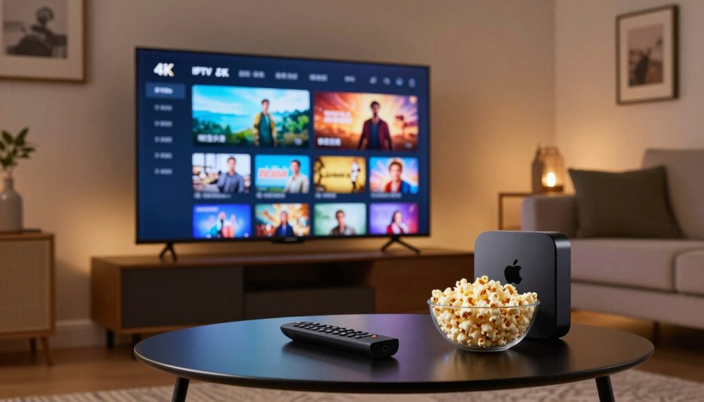 A sleek living room setting showcasing an Apple TV connected to a modern flat-screen TV, displaying the interface of an IPTV app. In the foreground, a stylish coffee table holds an Apple remote and a bowl of popcorn, emphasizing a cozy movie night atmosphere. The middle ground features the television with vibrant 4K visuals of streaming content, like nature scenes or action movies, highlighting the app's capabilities. In the background, soft ambient lighting creates a warm and inviting space, with a comfortable couch and framed artwork on the walls. The focus is clear, with a slight depth of field to enhance the feeling of immersion in the setup. The overall mood is relaxed and tech-savvy, perfect for showcasing the next-level viewing experience.