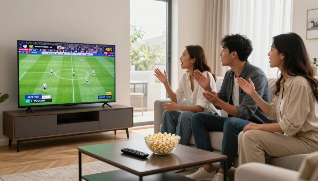 A sleek living room setup showcasing a modern 4K TV displaying vibrant British sports channels in ultra HD. In the foreground, a stylish coffee table holds a remote and a bowl of popcorn, symbolizing a cozy viewing experience. The middle features a contemporary couch where two individuals, dressed in smart casual attire, are engaged in an exciting football match broadcast, reflecting focus and enthusiasm on their faces. The background reveals a large window with natural light streaming in, creating a bright and inviting atmosphere. The overall mood is dynamic and lively, encapsulating the excitement of watching live sports in 4K quality. The lighting is warm and soft, enhancing the inviting ambiance of the room, shot from a slightly elevated angle to capture the entire scene beautifully.