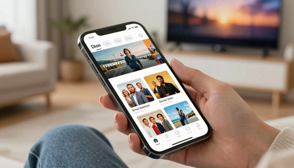 A sleek mobile streaming app interface displayed on a modern smartphone, showcasing vibrant thumbnails of various TV shows and movies. The foreground features a close-up of the phone held in a person's hand, dressed in smart casual attire, with perfectly manicured nails. In the middle layer, a well-lit, cozy living room environment, complete with plush furniture and soft lighting, suggests a relaxing viewing atmosphere. The background includes a subtle hint of a large flat-screen TV displaying a warm glow, emphasizing the mobile-first aspect of streaming. The overall mood is inviting and comfortable, with a balance of brightness and shadows, captured from a slightly elevated angle to highlight the app's design and usability.
