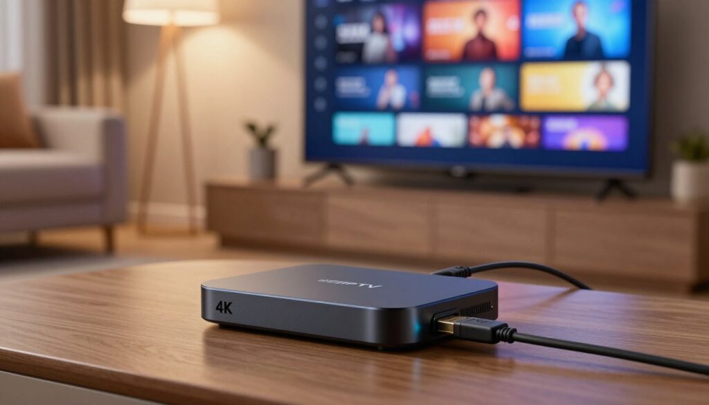 A sleek, modern 4K IPTV box placed prominently in the foreground, featuring rounded edges and subtle branding, its LED lights softly glowing, suggesting power and activity. Surrounding the device are a few high-quality HDMI and Ethernet cables, neatly coiled. In the middle ground, a stylish flat-screen TV displays vibrant, sharp visuals of a streaming interface, emphasizing speed and clarity. The background is a softly lit, contemporary living room setup, with plush furniture and ambient lighting enhancing the inviting atmosphere. The image is captured from a slightly elevated angle, with a warm, cozy ambiance that conveys comfort and modern technology working harmoniously. Ideal for demonstrating the practicality and performance of home entertainment systems.