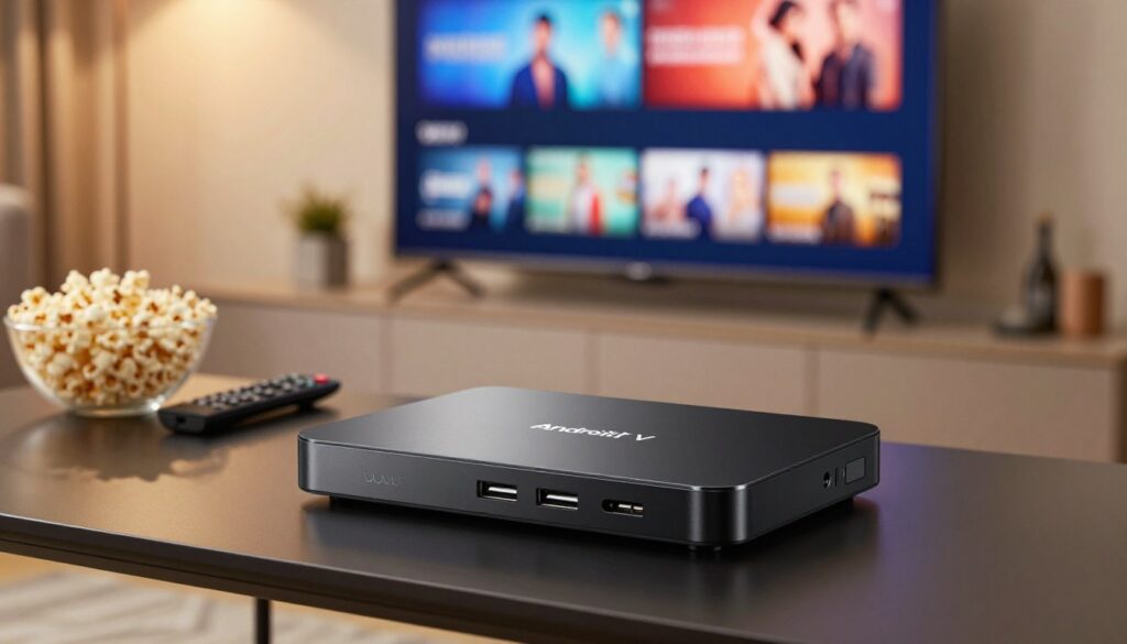 A sleek, modern Android IPTV box is prominently displayed in the foreground, showcasing its glossy black surface and minimalist design. It features USB ports, an HDMI output, and a power input. The middle ground reveals a smart TV featuring a bright screen displaying vibrant streaming content, hinting at an interactive user interface. In the background, a cozy living room setting is softly illuminated with warm light, creating an inviting atmosphere. A stylish coffee table holds a bowl of popcorn and a remote control, enhancing the lived-in feel. The shot is taken from a slightly elevated angle, focusing on the box and the TV, with a shallow depth of field to blur the background slightly, adding emphasis on the technology. The overall mood is relaxed and tech-savvy, reflecting the innovative nature of IPTV boxes.