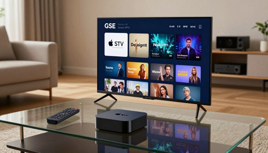 A sleek, modern Apple TV set up with the GSE Smart IPTV interface prominently displayed on the screen. In the foreground, the remote control rests on a stylish coffee table, showcasing a vibrant user interface with various playlist formats. The middle ground features a cozy living room filled with contemporary furniture, soft lighting creating a warm atmosphere. Subtle reflections of the TV screen can be seen on the glass coffee table, emphasizing the high-tech nature of the setup. The background shows a well-organized shelf with multimedia devices, enhancing the tech-savvy vibe. Aim for a professional, welcoming mood that appeals to power users looking to manage multiple playlists seamlessly. Use natural lighting that highlights the scene, captured from a slightly elevated angle for a dynamic perspective.