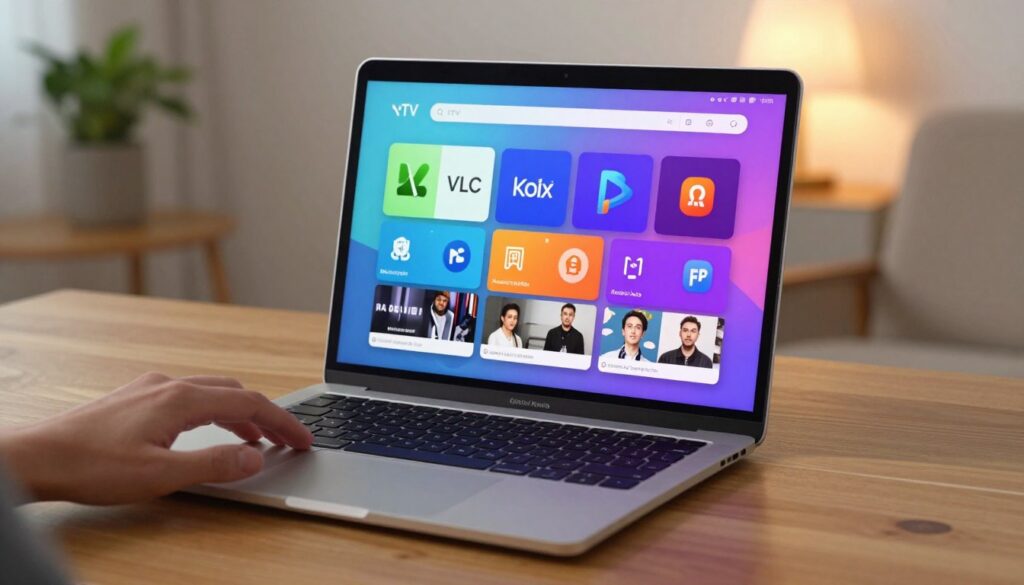 A sleek, modern MacBook displaying the interface of popular IPTV players on the screen, set on a stylish wooden desk. In the foreground, a hand reaches out to interact with the laptop, emphasizing user engagement. The middle ground features the glowing screen with vibrant colors, showcasing app icons like VLC, Kodi, and Plex with beautifully designed interfaces, displaying various channels and content options. The background includes a cozy, well-lit room with soft, warm lighting, hints of a potted plant, and a comfortable chair, creating an inviting atmosphere. The overall mood is professional yet relaxed, highlighting the versatility of IPTV on macOS. A shallow depth of field accentuates the focus on the MacBook, ensuring a clear and engaging image that represents the best IPTV players for Mac.