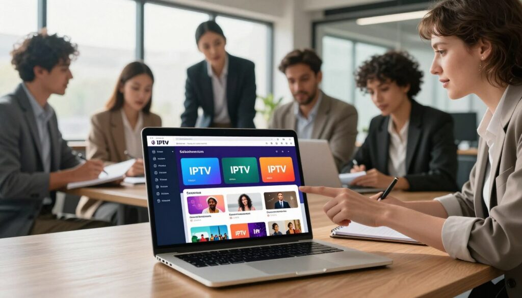 A sleek, modern, digital workspace depicting the concept of IPTV services. In the foreground, a high-resolution laptop displays a vibrant interface showing various IPTV channel options and subscription plans, with colorful icons and clear pricing. The middle layer features a diverse group of professionals, dressed in smart business attire, engaged in a lively discussion over IPTV subscriptions, taking notes, and pointing at the screen. The background showcases a stylish office with a large window letting in natural light, casting a warm, inviting glow. The atmosphere is focused and analytical, embodying a sense of teamwork and modernity, perfect for evaluating IPTV services.