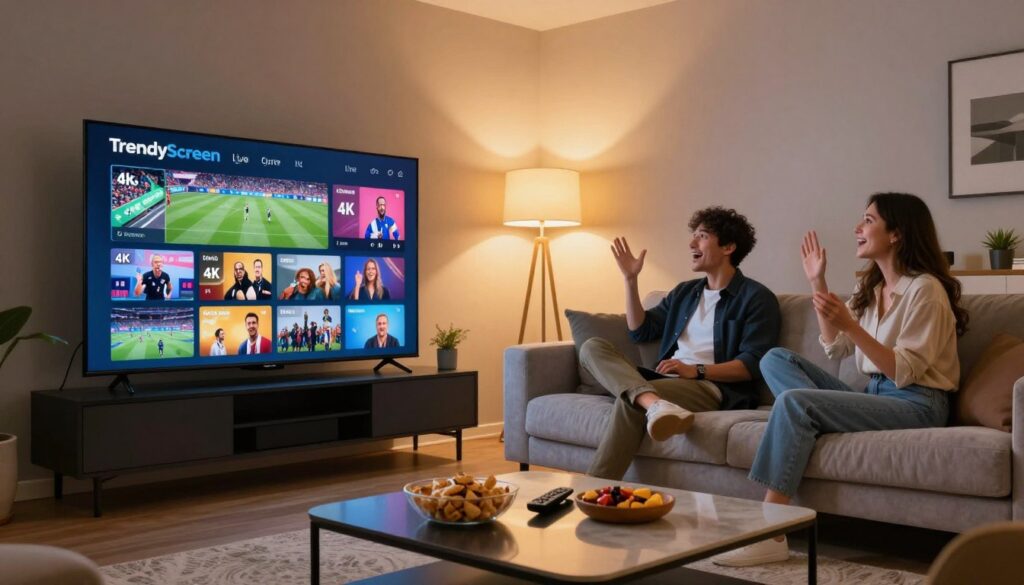 A sleek, modern living room featuring a large flat-screen TV displaying the TrendyScreen live channels interface with vibrant 4K visuals of sports events. In the foreground, a stylish coffee table holds snacks and remote controls, capturing a cozy watching atmosphere. The middle ground includes a plush sofa with a couple of people dressed in smart casual attire, excitedly watching the screen. The background is softly illuminated with warm, inviting lighting from floor lamps, creating a relaxed ambiance. Use a wide-angle lens effect to enhance depth, while ensuring sharp focus on the screen display. The mood is lively and engaging, reflecting the excitement of ultra HD sports viewing.