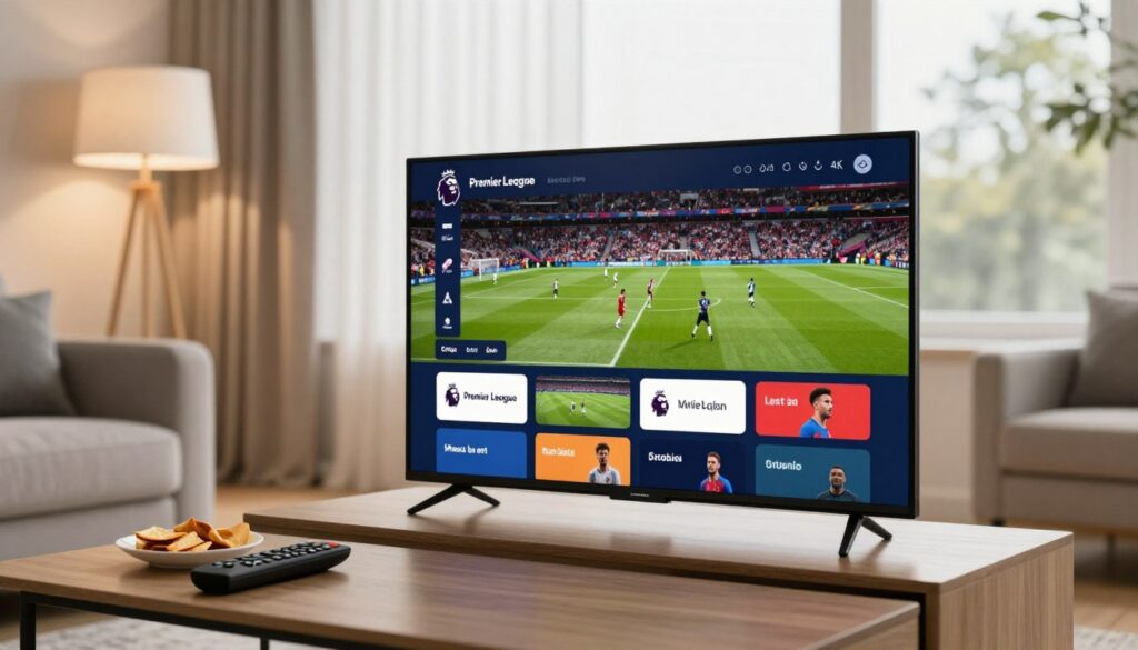 A sleek modern living room featuring a smart device, like a tablet or smart TV, displaying a vibrant streaming app interface dedicated to sports. The screen showcases a high-resolution image of a Premier League match in 4K, with players in action on the pitch. In the foreground, a cozy coffee table holds a remote and snacks, creating a welcoming atmosphere. Soft, warm lighting floods the room, arising from a stylish lamp, while large windows in the background allow natural light to enhance the space. The overall mood is relaxed and engaging, emphasizing the joy of streaming live sports comfortably at home. The focus is entirely on the streaming experience, with no text or distractions present in the composition.