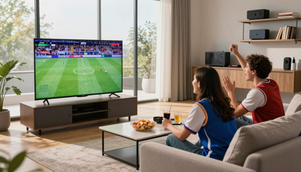 A sleek, modern living room setting illuminated by warm, natural light streaming through large windows. In the foreground, a stylish television displays vibrant sports imagery, symbolizing IPTV. Nearby, a cozy couch with a couple of sports fans, one wearing a jersey and the other casual attire, eagerly watching the game with expressions of excitement. In the middle ground, an elegant coffee table is adorned with snacks and drinks, adding to the lively atmosphere. The background features shelves with tech gadgets and books about IPTV technology. The overall mood is energetic and engaging, emphasizing the joys of sports streaming. The perspective is slightly angled, showcasing the depth of the room while keeping a sharp focus on the screen and fans, creating a sense of immersion in the sports experience.