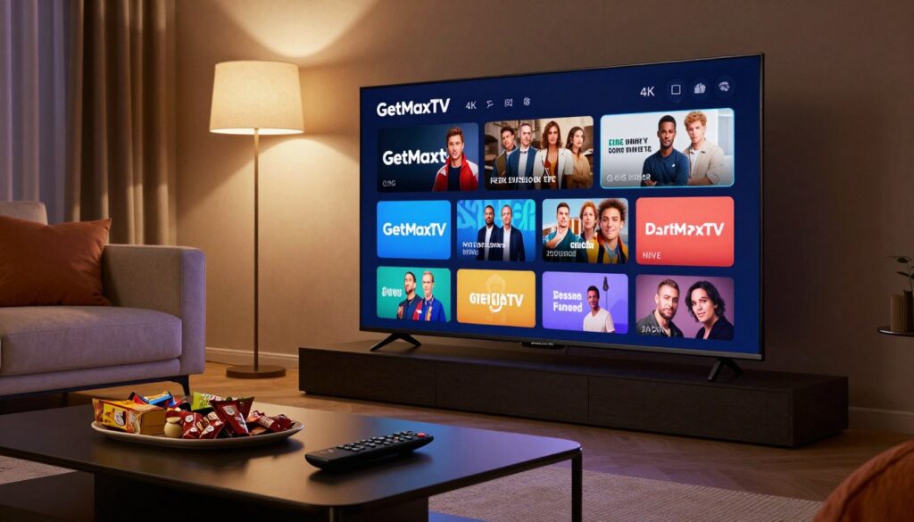 A sleek, modern living room setting showcasing a high-end 4K Smart TV displaying the vibrant GetMaxTV interface. In the foreground, a stylish coffee table adorned with gourmet snacks and a remote control. In the middle, the TV screen features colorful thumbnails of various popular channels and shows, highlighting the variety of legal streaming content available. The background includes a cozy sofa with plush cushions and dimmed ambient lighting, creating a warm, inviting atmosphere. Soft light from a floor lamp casts gentle shadows, enhancing the mood of relaxation and entertainment. Angle the scene slightly from a low perspective to emphasize the screen and the living space's comfort, evoking a sense of premium viewing experience.