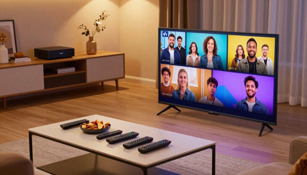 A sleek, modern living room setting showcasing an IPTV service in action. In the foreground, a high-definition television displays vibrant scenes from popular reality shows, with engaging characters depicted in a friendly, non-expressive manner. The middle ground features a stylish coffee table equipped with various remotes and snacks, suggesting a cozy viewing experience with friends or family. The background includes a contemporary entertainment center with streaming devices and decorative items, all bathed in warm, inviting lighting. The atmosphere is relaxed and entertaining, perfect for a bonding experience over reality TV. The scene is viewed from a slightly elevated angle, emphasizing the technology and comfort of the space.