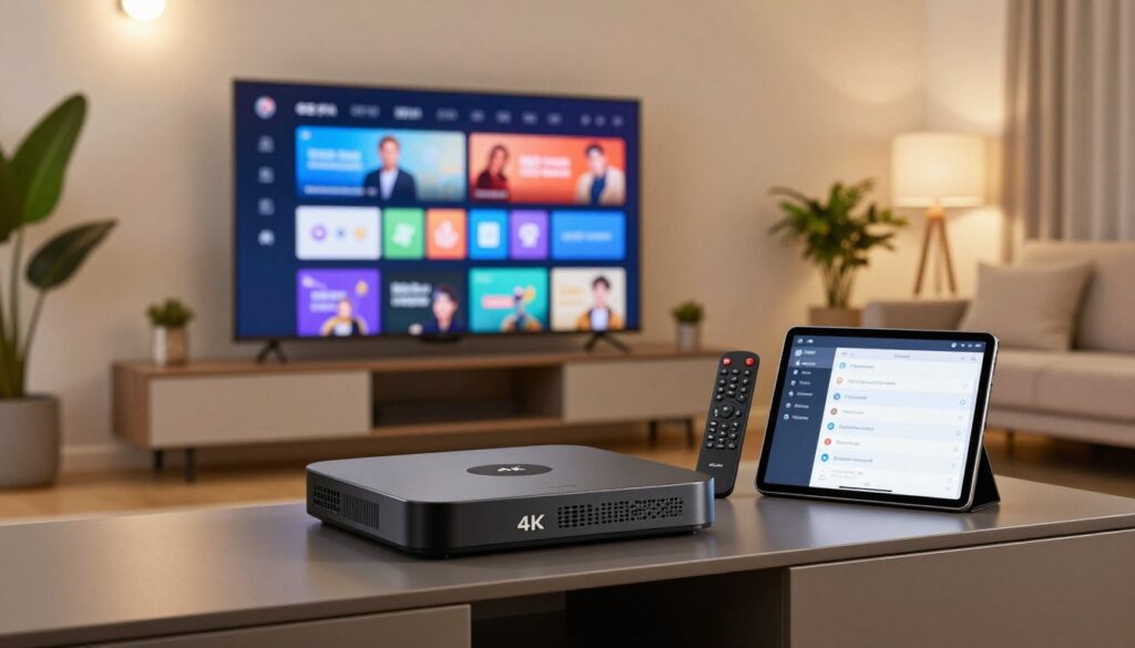 A sleek, modern living room setup featuring a 4K IPTV box prominently placed on a stylish media console. In the foreground, showcase high-definition smart TV displaying a vibrant streaming interface, emphasizing advanced features like user-friendly navigation and multiple app icons. In the middle, include a remote control and a tablet displaying a settings menu with options like parental controls and cloud storage. The background features a cozy couch and decorative elements like houseplants and ambient lighting to create an inviting atmosphere. Soft, warm lighting from overhead fixtures enhances the modern feel, while the overall composition maintains a professional and polished look, suitable for an instructional context.