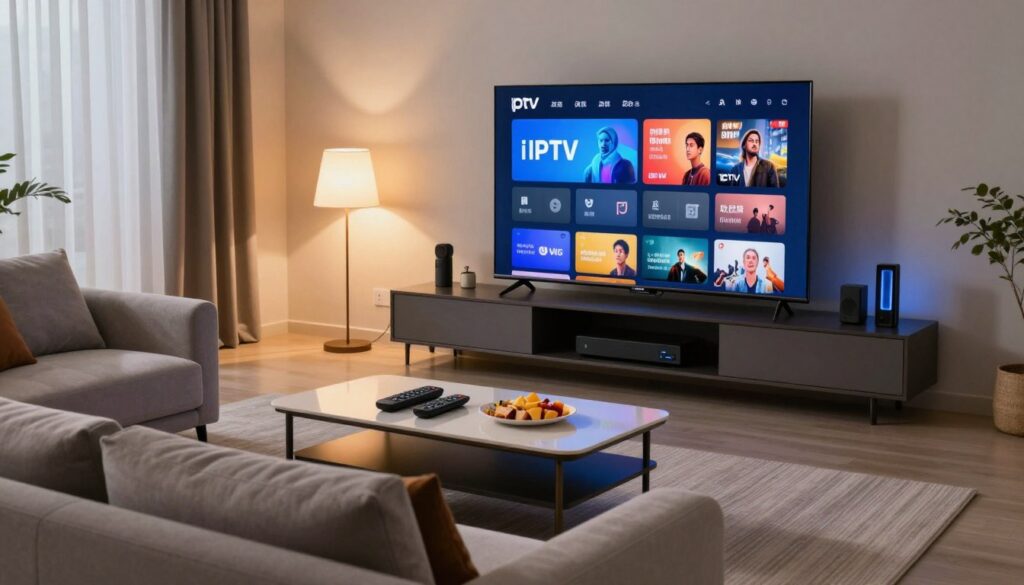 A sleek, modern living room setup showcasing a high-definition television displaying a vibrant IPTV interface. In the foreground, a comfortable sofa equipped with plush cushions invites viewers to relax and enjoy UHD streaming. The middle ground features a stylish coffee table adorned with remote controls and snacks, while subtle lighting from a floor lamp casts a warm, inviting glow. In the background, a media console elegantly displays a variety of entertainment devices. The mood is cozy yet sophisticated, capturing the essence of premium IPTV services. The room is characterized by contemporary decor with soothing color palettes, emphasizing a seamless viewing experience. The image should convey clarity and sophistication, with a slight depth of field to draw focus on the IPTV interface without any text or distractions.