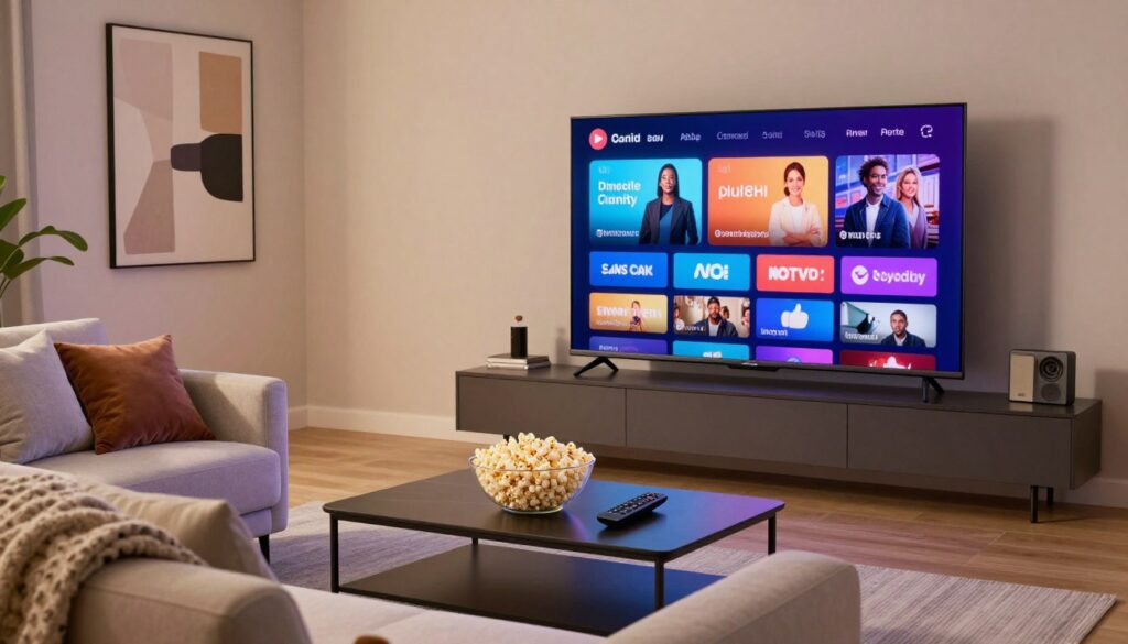 A sleek, modern living room setup with a large flat-screen TV displaying vibrant colors and high-definition imagery, emphasizing the concept of streaming quality. In the foreground, a cozy sofa is adorned with neatly arranged cushions and a soft blanket, inviting viewers into the scene. In the middle, a stylish coffee table holds a remote control and a bowl of popcorn, suggesting a perfect binge-watching environment. In the background, an abstract wall art piece showcasing various streaming icons subtly hints at the different channels available, all illuminated by warm, soft lighting to create an inviting atmosphere. The overall mood is relaxed and engaging, with a focus on the importance of quality over quantity in streaming content. The perspective is slightly angled to showcase depth, enhancing visual interest.