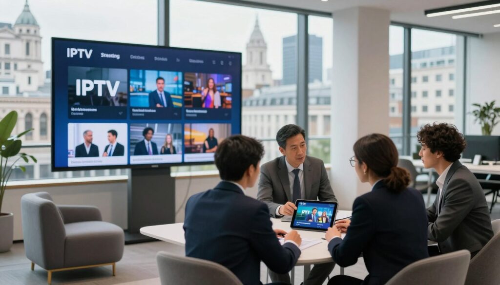 A sleek, modern office space in London featuring a large digital screen showcasing IPTV streaming options. In the foreground, a diverse group of four business professionals, dressed in smart business attire, are engaged in discussion while analyzing a tablet displaying IPTV content. The middle ground includes stylish furniture and subtle branding related to IPTV services. The background reveals iconic London architecture through large windows, with a soft, natural daylight illuminating the scene. The atmosphere is collaborative and focused, with an emphasis on technology and reliability. Capture this from a slightly elevated angle, with a shallow depth of field to highlight the group and screen while keeping the city skyline in soft focus.