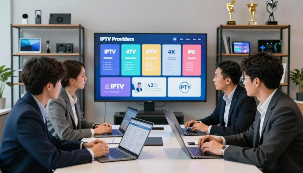 A sleek, modern workspace depicting a professional discussion about the best IPTV providers. In the foreground, a diverse group of three individuals, dressed in smart business attire, are gathered around a large table, analyzing data on laptops and tablets. The middle layer features a large screen displaying a colorful infographic comparing various IPTV logos and features, highlighting premium 4K quality and user interfaces. In the background, shelves filled with tech gadgets and awards create a high-tech atmosphere. Soft, diffused lighting casts a natural, inviting glow over the scene, emphasizing a collaborative and serious mood. The angle is slightly elevated, providing a comprehensive view of the workspace without any text or distractions.