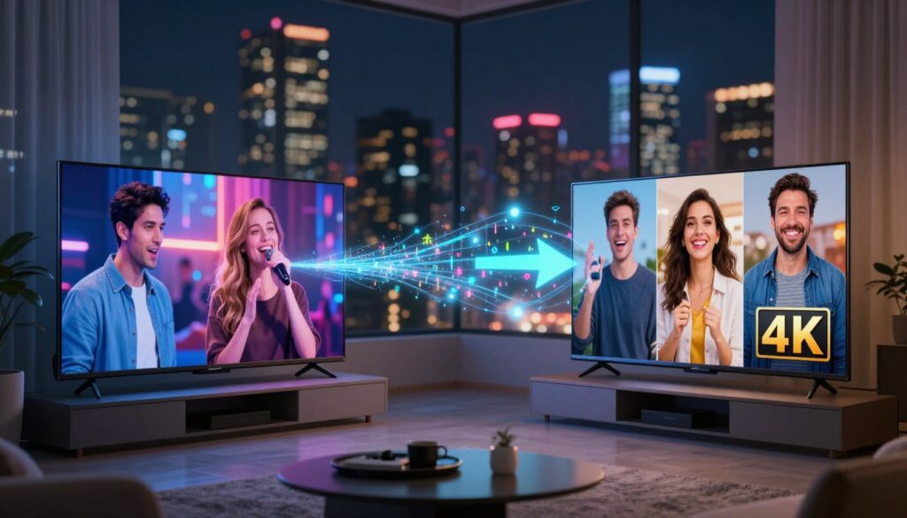 A split-screen image showcasing the contrast between HD and 4K streaming channels. In the foreground, a modern living room with a sleek TV displaying vibrant, high-definition visuals on one side and stunning 4K images on the other. In the middle, an abstract representation of digital data flowing, with arrows symbolizing data usage and compression differences, highlighting the technical aspects. The background features a blurred cityscape at night, illuminated by colorful lights, creating a dynamic atmosphere that emphasizes the cutting-edge technology of IPTV. Soft, ambient lighting enhances the details without overwhelming the scene, while a slight vignette adds focus to the center. Capture the mood of excitement and innovation in streaming technology.