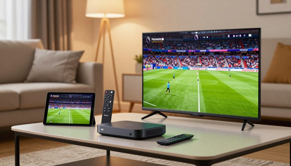 A variety of IPTV devices displayed prominently on a sleek, modern coffee table in a stylish living room. In the foreground, a state-of-the-art 4K smart TV shows a Premier League match in vibrant colors, accented by realistic reflections. In the middle, a streaming device, remote control, and a tablet are neatly arranged, showcasing device compatibility for viewing options. The background features a cozy sofa and tasteful decor, softly illuminated with warm ambient lighting that creates an inviting atmosphere. Capture the image with a shallow depth of field, focusing on the devices to emphasize their significance, while the background subtly blurs, conveying a relaxed yet tech-savvy vibe. The scene should evoke excitement and anticipation for the thrilling matches ahead.