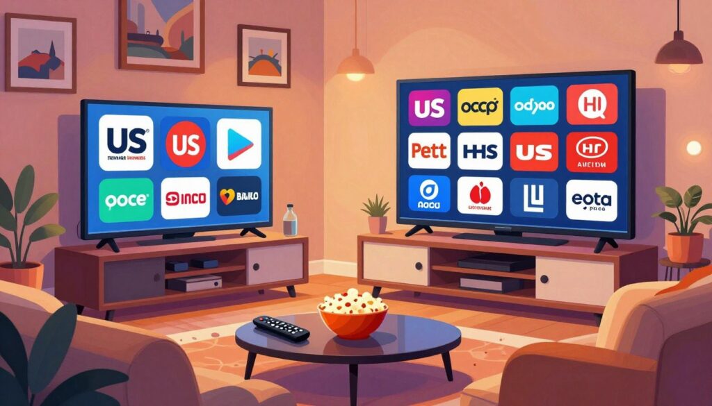 A vibrant and dynamic illustration depicting the essence of popular American television channels and entertainment. In the foreground, a sleek modern living room setup with a large flat-screen TV displaying vibrant logos of notable US networks and premium sports channels, symbolizing high-definition viewing experiences. In the middle, a plush sofa with a remote control and decorative popcorn bowl, emphasizing comfort and leisure. The background captures a cozy ambiance with warm lighting, showcasing an array of framed pictures on the walls and a contemporary entertainment unit. This composition conveys a sense of excitement and anticipation, inviting viewers to immerse themselves in various entertainment options available in the ultra HD landscape. The overall atmosphere is lively and inviting, perfect for a casual evening at home.