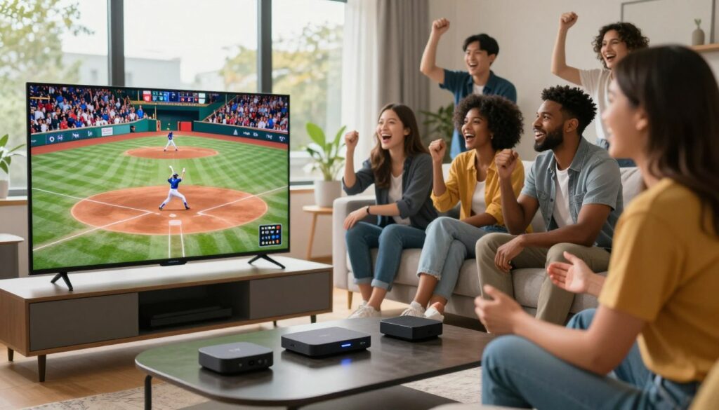 A vibrant and dynamic scene depicting a modern, high-tech sports streaming setup in a sleek living room. In the foreground, a large flat-screen TV displays an exciting baseball game, with players in action and fans cheering energetically. On a stylish coffee table, various streaming devices are visible, symbolizing IPTV-style alternatives. The middle ground features a cozy couch with a diverse group of people dressed in smart casual attire, their faces reflecting enthusiasm and engagement with the game. The background includes large windows with natural light pouring in, illuminating the space and adding warmth. The atmosphere is lively and inviting, capturing the thrill of sports-first streaming. Use soft, natural lighting to enhance the scene, with a slight depth of field to emphasize the foreground while keeping the background slightly blurred.