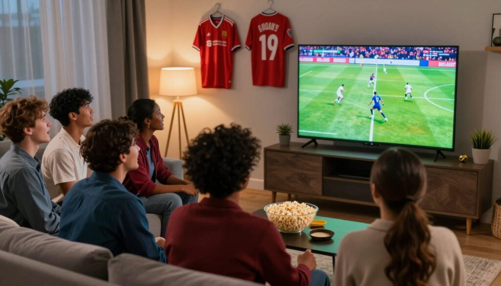 A vibrant and dynamic sports scene showcasing various activities that highlight IPTV as an essential service for sports enthusiasts. In the foreground, a diverse group of people, dressed in smart casual attire, are intently watching a live football match on a large screen, displaying bursts of action and excitement. The middle ground features sports memorabilia, jerseys, and a popcorn bowl to convey a game-day atmosphere. The background includes a cozy living room setting with a modern TV setup, softly lit by ambient lighting that creates a warm and inviting mood. The camera angle captures an engaging perspective, focusing on the group's expressions of excitement while the glow from the screen reflects on their faces, emphasizing the thrill of live sports entertainment.