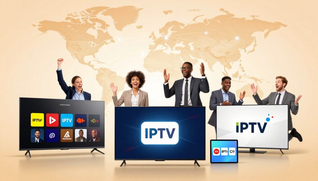 A vibrant and engaging digital collage showcasing the best IPTV services for a global channels package in 2025. In the foreground, include sleek devices like smart TVs and tablets displaying various international channels with colorful logos. In the middle ground, visualize diverse people of different ethnicities, wearing professional business attire, interacting with the devices, showcasing excitement and engagement. In the background, feature a stylized world map with network lines connecting major cities, symbolizing global accessibility. Use a warm and inviting color palette with soft lighting to create a welcoming atmosphere. The angle should be slightly elevated to capture both the foreground devices and the background map effectively, emphasizing the modern connectivity of IPTV services.
