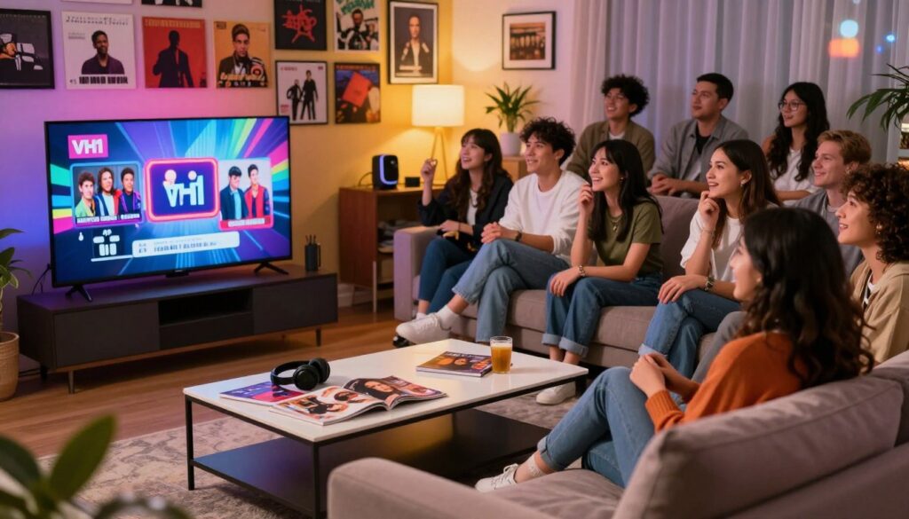 A vibrant and nostalgic VH1 programming scene capturing the essence of music evolution in the streaming era. In the foreground, a modern living room with a stylish, comfortable couch and a sleek coffee table adorned with music magazines and headphones. A large flat-screen TV showcases classic VH1 logo graphics and iconic music moments from the past. In the middle ground, a lively group of friends, dressed in casual yet trendy attire, watch a music documentary, expressing joy and nostalgia. In the background, a colorful wall filled with framed album covers and posters of famous artists, ambient lighting creating a warm, inviting atmosphere. Use a soft focus lens effect to enhance the intimate mood, with a slight bokeh around the edges, emphasizing the sense of togetherness and enjoyment of music culture.