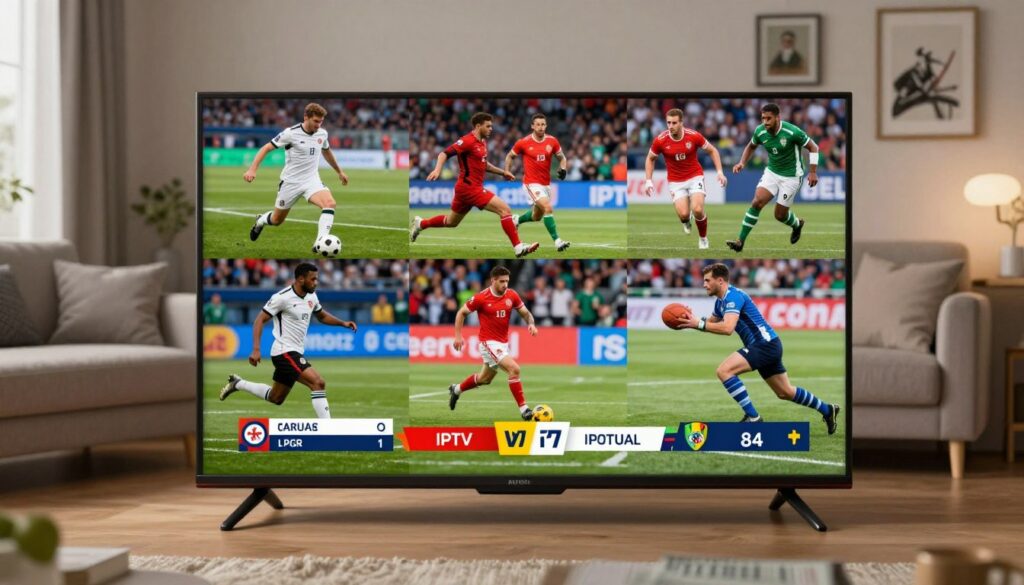 A vibrant digital collage illustrating various sports channels available through IPTV Portugal. In the foreground, showcase a modern television set displaying an exciting live sports match, with colorful graphics and scores visible on screen. In the middle layer, feature dynamic scenes of iconic sports—like football, basketball, and rugby—captured in action, with players in professional athletic gear, displaying their intensity and focus. The background should depict a cozy living room setup with a comfortable sofa and sports memorabilia, creating an inviting atmosphere. Soft, ambient lighting enhances the feeling of excitement and engagement. The overall mood is enthusiastic and lively, celebrating the thrill of live sports entertainment through IPTV.