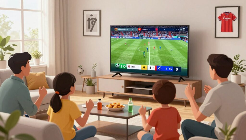 A vibrant digital illustration depicting a modern living room setting, focused on a stylish flat-screen television streaming various sports channels. In the foreground, a family of four, dressed in casual but neat attire, enthusiastically watches a live soccer match, showing expressions of excitement and engagement. The middle ground features a sleek coffee table with snacks and refreshments, hinting at a friendly gathering. The background showcases light coming through a window, creating a warm and inviting atmosphere, with subtle decorations that imply a love for sports, such as framed jerseys and memorabilia. Bright, natural lighting highlights the scene, emphasizing the joy of sports streaming without cable options that are accessible in Ontario.