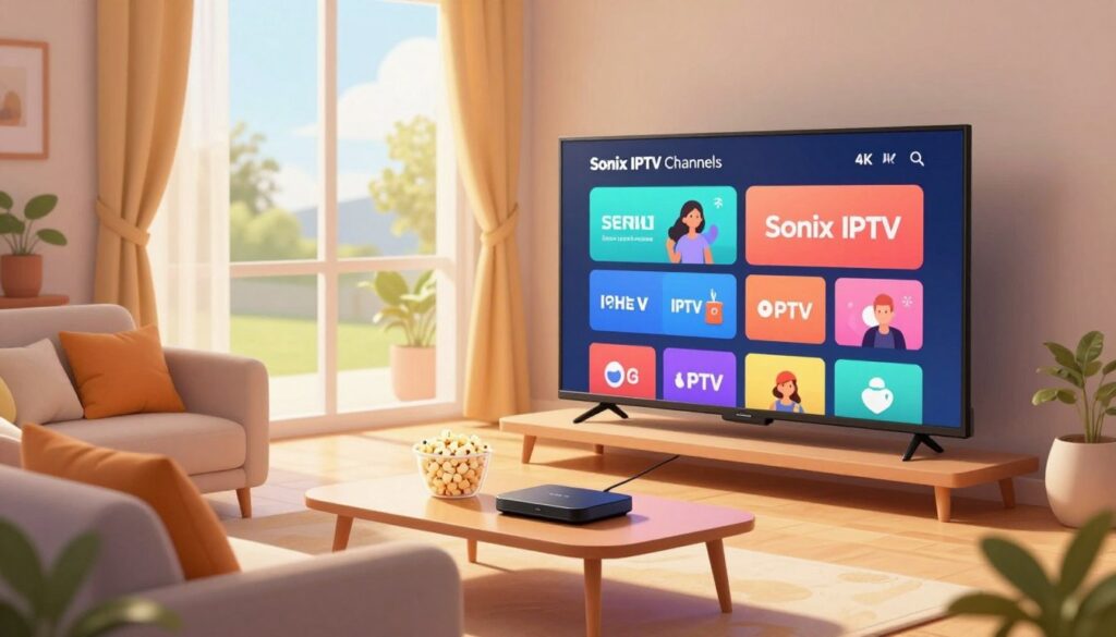 A vibrant digital illustration showcasing the concept of Sonix IPTV channels, set in a cozy, modern living room environment. In the foreground, a sleek 4K television displays an engaging interface with colorful IPTV channel icons and streaming options. A comfortable sofa with stylish cushions invites viewers to relax and enjoy. The middle ground features a stylish coffee table with popcorn and a streaming device, creating an inviting atmosphere. In the background, large windows reveal a bright, sunny day outside, with curtains gently swaying. Soft, warm lighting casts a welcoming glow throughout the scene. The angle focuses on the TV, emphasizing the quality of the streaming experience, while maintaining a friendly and engaging mood without any people or text elements in the image.