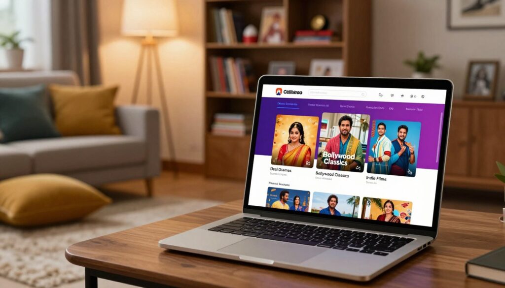 A vibrant, digital interface showcasing a niche streaming platform dedicated to Indian content, featuring a sleek layout with colorful thumbnails of various regional films and shows. In the foreground, a modern laptop sits on a wooden table, displaying a user-friendly homepage with categories like "Desi Dramas," "Bollywood Classics," and "Indie Films." In the middle ground, a cozy living room setting reflects a comfortable viewing experience, with plush cushions and a soft rug. In the background, a stylish bookshelf filled with Bollywood memorabilia and cultural artifacts enhances the atmosphere. Soft lighting from a nearby lamp casts a warm glow, creating an inviting mood. The image should be shot from a slightly elevated angle to capture the scene's essence, focusing on the streaming interface and the inviting environment.