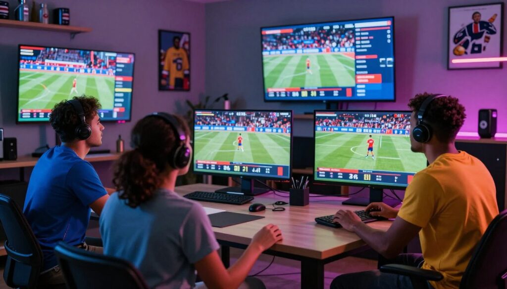 A vibrant digital workspace showcasing multiple live sports coverage channels on large screens. In the foreground, a diverse group of three sports enthusiasts, dressed in casual athletic attire, are intently watching the screens, their faces illuminated by colorful highlights from the broadcasts. The middle ground features sleek, modern televisions displaying various sporting events, with digital graphics for scores and stats. The background reveals a contemporary room with sports memorabilia decorating the walls, creating an engaging atmosphere. Soft, focused lighting highlights the action on the screens, while the overall mood is energetic and lively, reflecting the excitement of sports fandom. Capture a dynamic angle that emphasizes the immersive experience of live sports viewing.