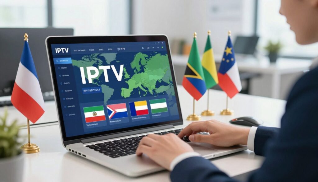 A vibrant illustration showcasing a digital workspace dedicated to IPTV services, prominently featuring a sleek laptop with an IPTV interface on the screen. In the foreground, a hand is poised over the keyboard, typing, dressed in a professional business attire. The middle ground displays various international flags symbolizing European countries, artistically arranged around the laptop, representing global IPTV providers with strong European coverage. In the background, a modern office setting is visible, with soft natural lighting filtering through large windows, creating an inviting atmosphere. The overall mood is focused and professional, capturing the essence of a tech-savvy environment while emphasizing international connectivity and the importance of quality IPTV services for viewers across Europe.
