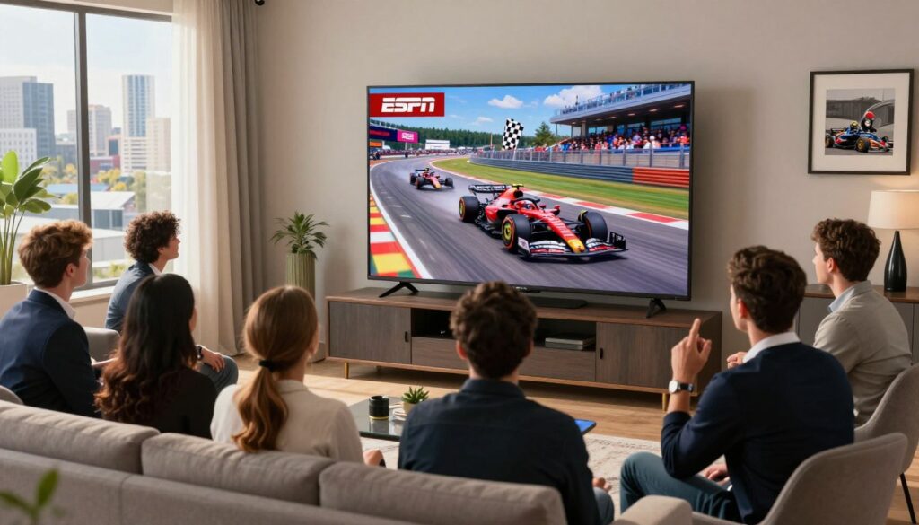 A vibrant image capturing the excitement of a Grand Prix event viewed on an ESPN broadcast. In the foreground, a well-dressed group of diverse fans is gathered in a modern living room, intently watching the race on a large flat-screen TV displaying a thrilling racing scene. The middle ground features realistic details of the television displaying the ESPN logo and high-speed Formula 1 cars racing on a bright track, with some standout elements like the checkered flag. In the background, a tasteful decor, including sports memorabilia and a window showing a sunny Calgary skyline. The lighting is warm and inviting, creating an atmosphere of enthusiasm and camaraderie, with slight lens flares to enhance the action-packed feel of the race.