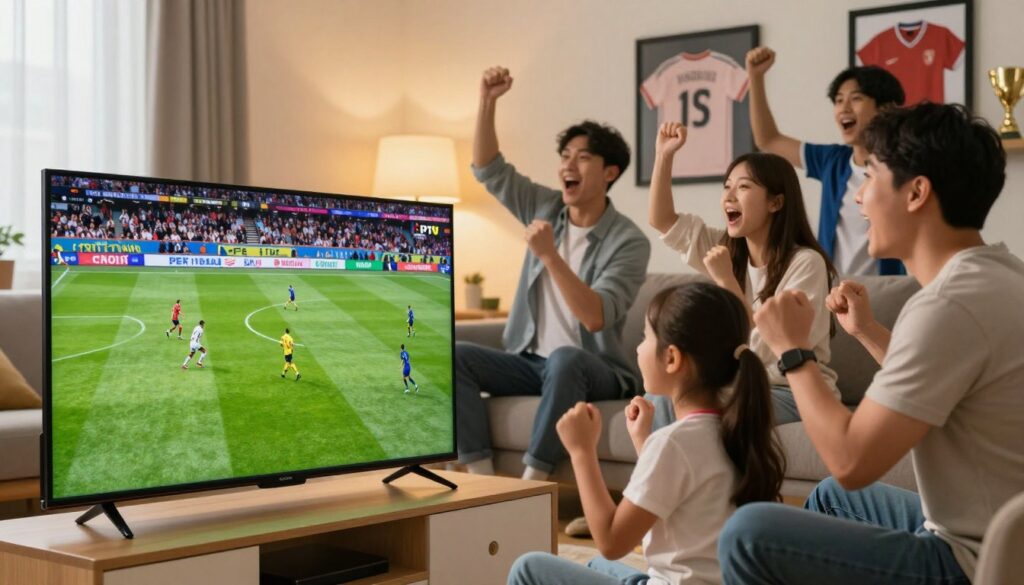 A vibrant living room scene showcasing a family enjoying sports through IPTV. In the foreground, a large flat-screen TV displays thrilling soccer highlights, with vivid green grass and dynamic player action. The middle layer features diverse family members seated together, dressed in casual but tidy clothing, cheering and reacting with excitement. In the background, soft lighting creates a warm and inviting atmosphere, with decor elements hinting at various sports memorabilia, like framed jerseys and trophies. The angle is slightly angled upward, capturing both the excitement on the faces of the viewers and the clarity of the sports action on the screen, emphasizing the affordability and quality of IPTV as an alternative to traditional Sky Sports coverage.