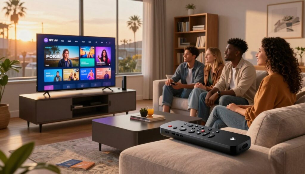 A vibrant living room scene showcasing an Apple TV prominently displayed on a sleek modern entertainment center. In the foreground, a stylish Apple remote rests on a plush sofa, with a diverse group of four friends casually gathered, all dressed in smart-casual clothing, engrossed in a colorful IPTV interface displayed on the screen. The middle ground features a bookshelf filled with media guides and console devices, while the background reveals a well-lit California sunset filtering through large windows, casting warm, inviting light across the room. The overall atmosphere is lively and engaging, reflecting an evening of leisure and entertainment. Use soft lighting to create a cozy, relaxed mood, emphasizing the communal experience of watching live channels together.
