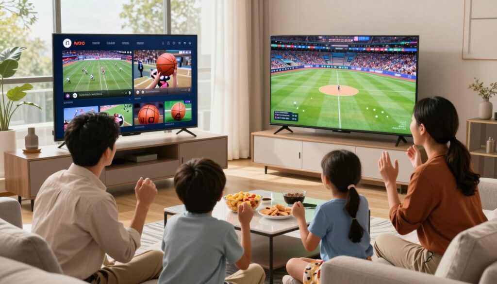 A vibrant living room setting showcasing a large flat-screen TV displaying various sports channels, including football, basketball, and baseball games in action. In the foreground, a family of four—two adults in smart casual attire and two children—excitedly gathered around the coffee table with snacks, reflecting their enthusiasm for live sports. In the middle ground, modern furniture adds a cozy yet upscale feel with a stylish rug beneath them. The background features a large window with natural daylight streaming in, creating a warm atmosphere. The image captures a sense of togetherness, excitement, and enjoyment, emphasizing a casual yet premium viewing experience with rich colors and dynamic lighting, while avoiding any distractions like text or logos.