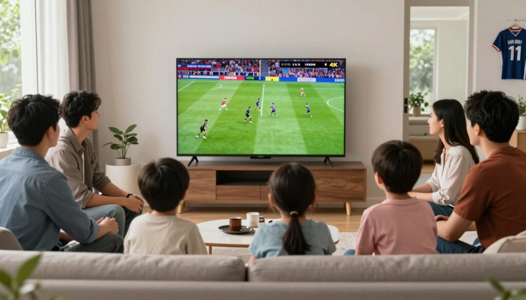 A vibrant living room setting showcasing a modern 4K television displaying a thrilling sports match, with crisp colors and dynamic action. In the foreground, a group of family and friends are seated on a stylish couch, dressed in casual but neat attire, intensely focused on the game. In the middle, the television screen displays a high-definition sports broadcast with clear details, emphasizing the thrill of live sports. The room is well-lit with natural daylight streaming through large windows, enhancing the ambiance of excitement and camaraderie. In the background, subtle décor elements hint at a sports theme, such as memorabilia and jerseys, creating a warm atmosphere conducive to enjoying high-quality sports streaming.