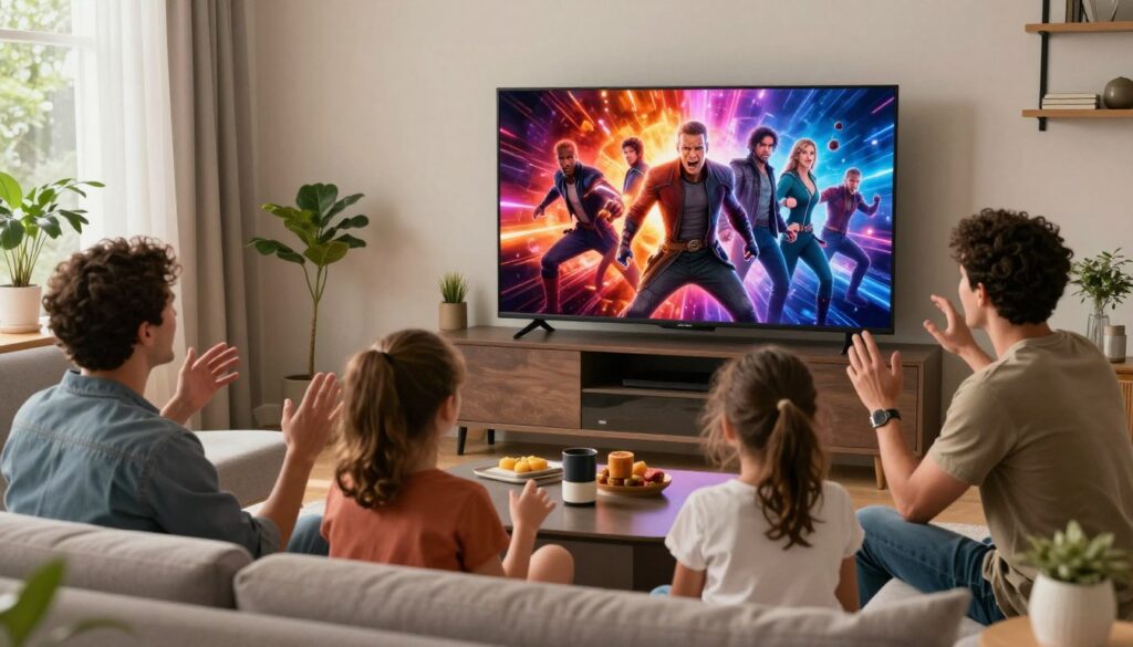 A vibrant living room with a family eagerly watching a large-screen television showcasing intense action scenes from Marvel and Star Wars franchises. In the foreground, a diverse family, dressed in stylish casual attire, is animatedly engaging with the screen, their expressions reflecting excitement and anticipation. In the middle ground, the TV displays high-resolution visuals with dynamic colors and effects, capturing iconic characters in thrilling moments. The background features cozy, modern decor with soft lighting that enhances the ambiance, creating a warm, inviting atmosphere. The scene is illuminated by a combination of natural light from a window and the bright glow from the television, emphasizing the clarity and quality of the streaming experience. The overall mood is energetic and immersive, highlighting the joy of watching action-heavy cinematic content seamlessly.