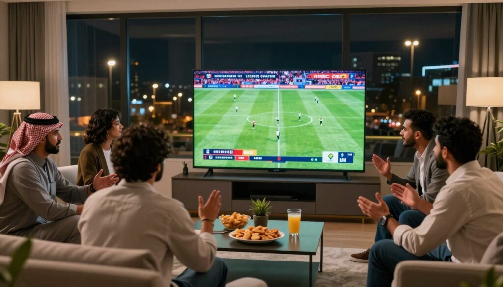 A vibrant scene capturing the essence of Arabic sports channels, featuring a modern living room setup with a large flat-screen TV displaying an exciting live football match. In the foreground, a diverse group of friends in professional casual attire are animatedly discussing the game, with snacks and drinks on a coffee table. In the middle ground, the TV broadcasts dynamic visuals of popular Arabic sports networks like MBC and OSN, with colorful logos and live game statistics. The backdrop reveals large windows with a view of a night cityscape, illuminated by street lights, creating a lively and energetic atmosphere. Soft, warm lighting enhances the cozy feel, while a wide angle lens captures the action and camaraderie, emphasizing excitement and engagement with sports events.