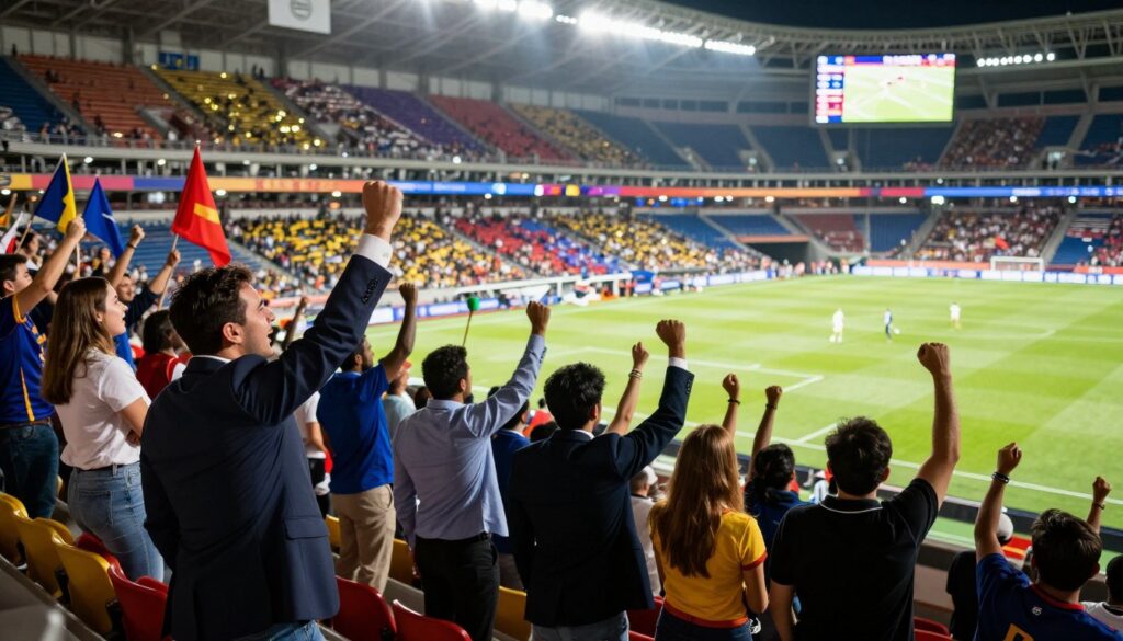 A vibrant scene capturing the excitement of live sports. In the foreground, a diverse group of enthusiastic fans in professional business attire and modest casual clothing are cheering passionately. The middle ground features a bustling sports stadium filled with spectators, waving colorful flags and wearing team jerseys. Dynamic lighting enhances the electrifying atmosphere, with spotlights focused on a thrilling match happening on the field. In the background, a blurred view of colorful stadium seats, shimmering banners, and tall screens displaying live scores adds depth. The angle is slightly elevated, creating a sense of immersion. The overall mood is energetic and contagious, reflecting the fervor for live sports entertainment.