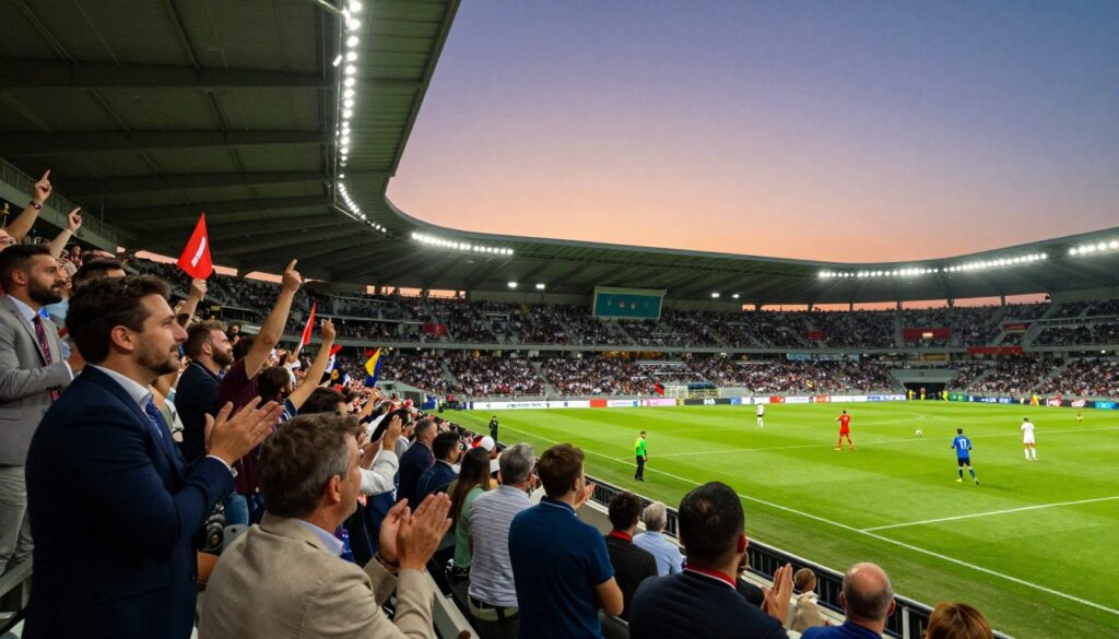 A vibrant scene of a live sports event, showcasing an energetic football match in a packed stadium. In the foreground, a diverse group of spectators dressed in professional business attire and modest casual clothing are passionately cheering, waving flags, and clapping. In the middle ground, the dynamic action of the game unfolds with players in action, skillfully dribbling and passing the ball, while a referee observes. The background features a colorful display of stadium lights illuminating the field, creating a lively atmosphere during twilight, with the sky transitioning from orange to deep blue. The angle captures the excitement from slightly above the crowd, highlighting their enthusiasm and the thrilling ambiance of live sports.
