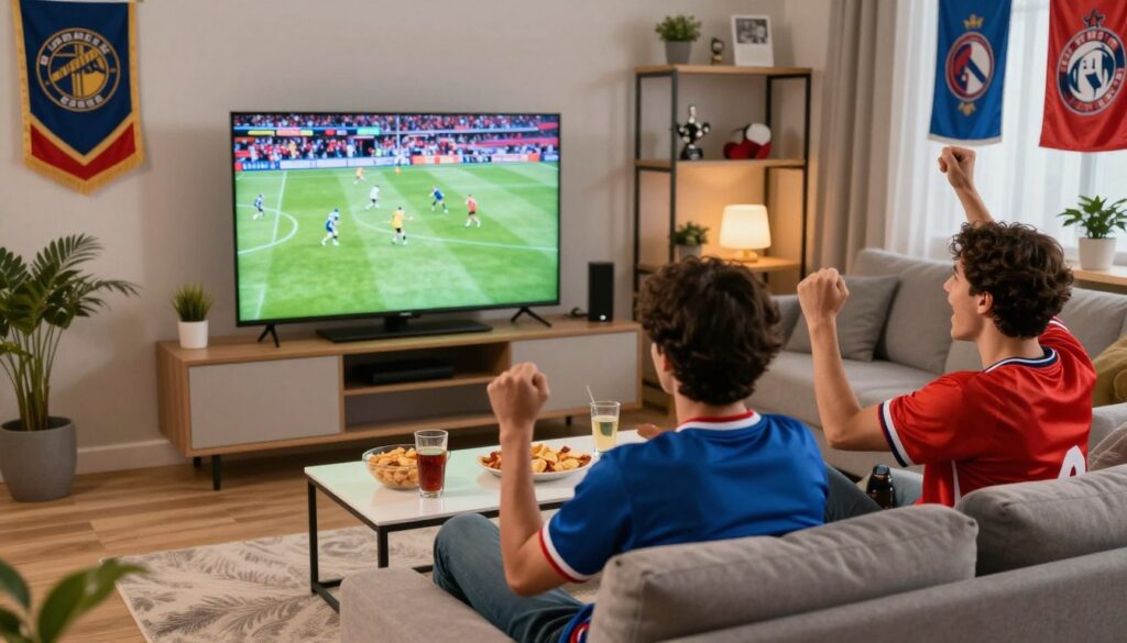 A vibrant scene showcasing sports streaming, featuring a modern living room where passionate sports fans are gathered. In the foreground, two fans are sitting comfortably on a stylish couch, wearing colorful jerseys of their favorite teams, with snacks and drinks on the coffee table. The middle layer features a large, high-definition television displaying an exciting live sports event with bright colors and action. The background includes shelves with sports memorabilia and banners of various sports teams. Soft, warm lighting illuminates the room, creating an inviting atmosphere. The camera angle is slightly elevated, capturing the joyful expressions on the fans' faces as they cheer, highlighting the lively and engaging mood of sports entertainment in a cozy home setting.
