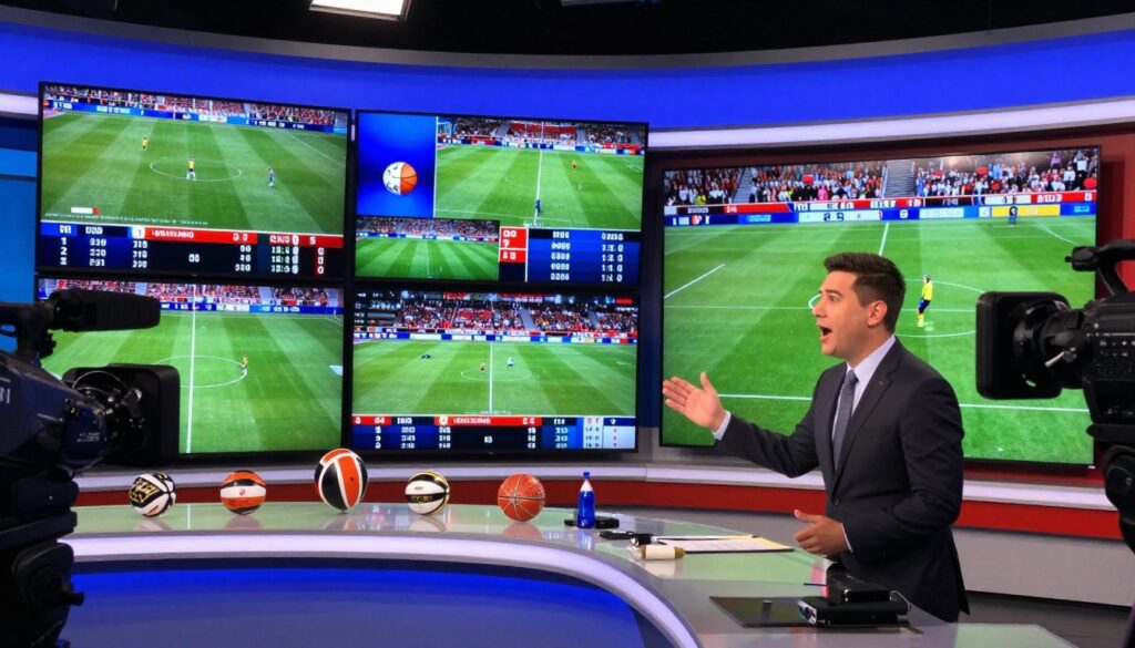 A vibrant sports broadcasting studio with multiple screens displaying live sports events, featuring a variety of sports like football, basketball, and soccer. In the foreground, a professional-looking host in business attire gestures energetically, engaging viewers with the excitement of live coverage. The middle ground includes large LED screens showcasing dynamic graphics, scores, and highlights, while a sleek desk filled with sports memorabilia sets the scene. In the background, ambient lighting creates a lively atmosphere, with blue and green hues illuminating the space. A camera angle from slightly below emphasizes the host and the screens, giving a dramatic feel. Overall, the image conveys the energy and dynamism of sports networks, reflecting the essence of event coverage.