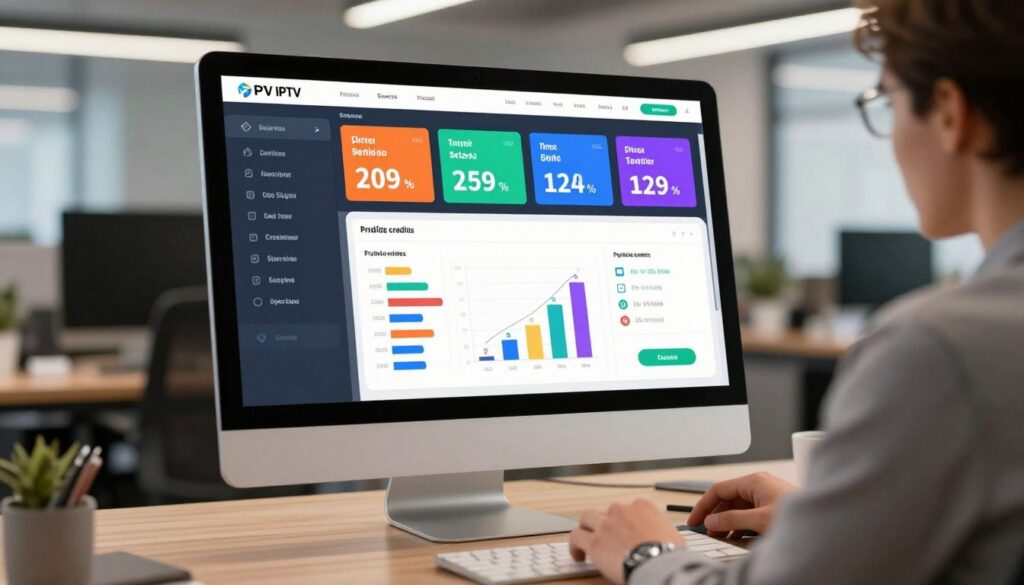 A visually appealing digital illustration of a professional IPTV reseller credits interface displayed on a sleek computer monitor, positioned in the foreground. The screen showcases a variety of colorful packages with vibrant pricing models, clearly indicating benefits and features. In the middle, there are graphs and charts representing pricing tiers and usage stats, enhancing the professional vibe. The background features a modern office setting with soft, ambient lighting, giving a polished and inviting atmosphere. A business professional in smart casual attire is seated at the desk, thoughtfully analyzing the data on the screen. The camera angle captures the screen's details, focusing on clarity and elegance, evoking a sense of opportunity and professionalism in the IPTV business.