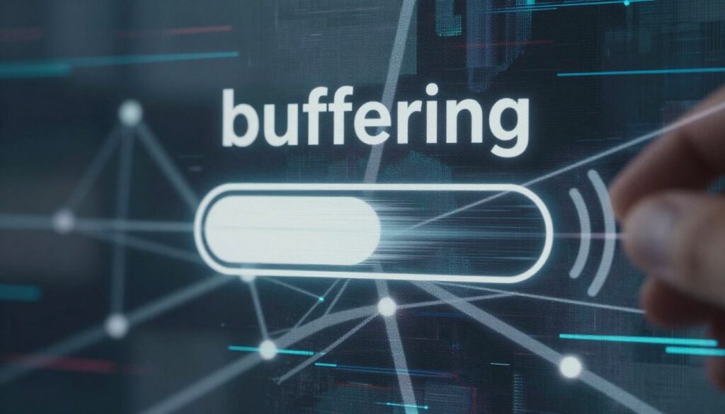 A visually compelling representation of the concept of "buffering," focusing on a digital screen displaying a loading icon, surrounded by imagery that suggests network instability. In the foreground, a close-up of a circular loading symbol in motion, pulsating gently to suggest waiting. The middle layer features a blurred, chaotic network of connections and pathways, with faint signals represented as wavy lines that convey interruptions. The background portrays an abstract digital landscape, filled with glitchy textures and static visuals, creating a sense of frustration and delay. Soft, diffused lighting casts shadows that enhance the tension of the scene, while a cool color palette of blues and grays contributes to the overall mood of uncertainty and impatience, evoking the experience of buffering during streaming.